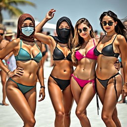 A beautiful 35-year-old woman posing confidently in a stylish burqa and mask, paired with two Western friends