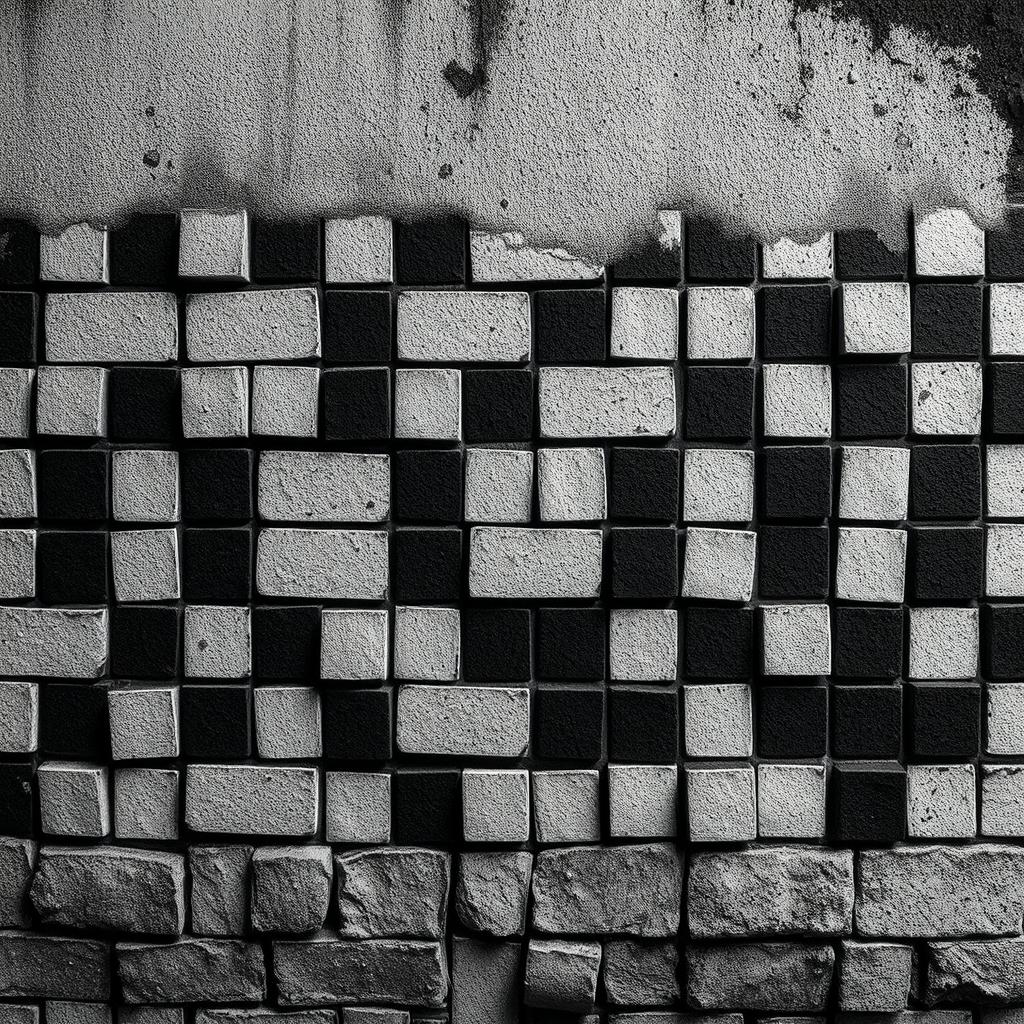 A pixelated wall with a checkered pattern in black and white, creating a shabby and gloomy atmosphere