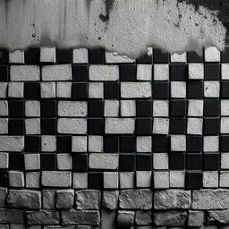 A pixelated wall with a checkered pattern in black and white, creating a shabby and gloomy atmosphere