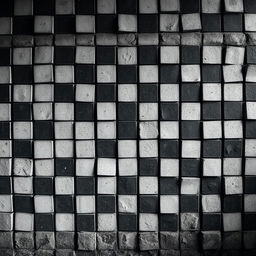 A pixelated wall with a checkered pattern in black and white, creating a shabby and gloomy atmosphere