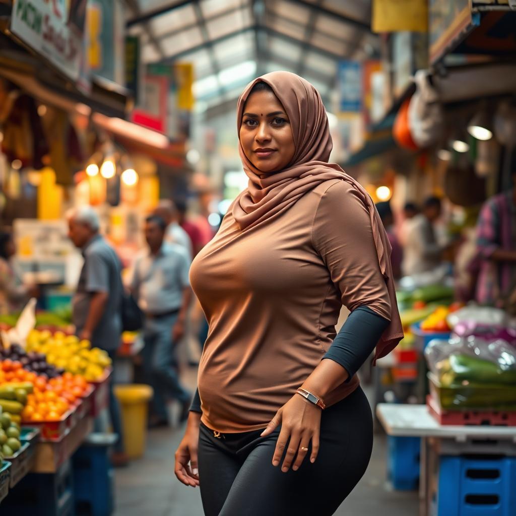 A Tamil Muslim woman with a curvy figure, confidently walking through a bustling public market