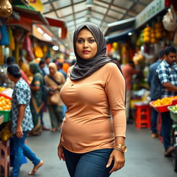 A Tamil Muslim woman with a curvy figure, confidently walking through a bustling public market