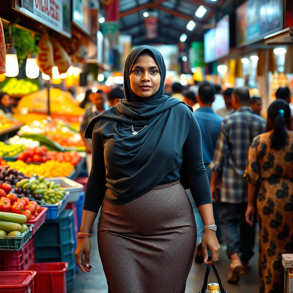 A Tamil Muslim woman with a curvy figure, confidently walking through a bustling public market