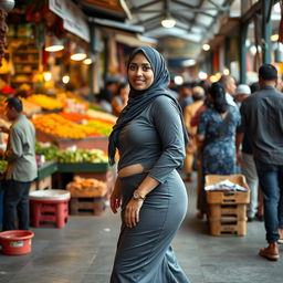 A Tamil Muslim woman with a curvy figure, confidently walking through a bustling public market