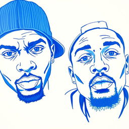 Two rapper faces drawn in blue, capturing their expressive features, like bold, intense eyes and distinctive facial expressions