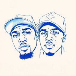 Two rapper faces drawn in blue, capturing their expressive features, like bold, intense eyes and distinctive facial expressions