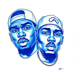 Two rapper faces drawn in blue, capturing their expressive features, like bold, intense eyes and distinctive facial expressions