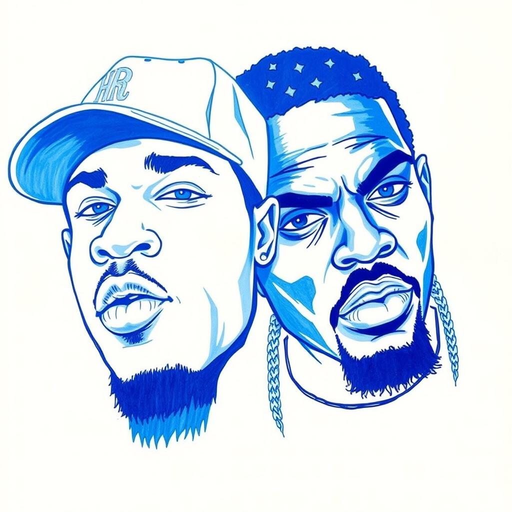 Two rapper faces drawn in blue, capturing their expressive features, like bold, intense eyes and distinctive facial expressions