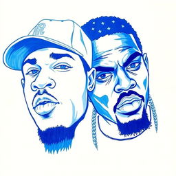 Two rapper faces drawn in blue, capturing their expressive features, like bold, intense eyes and distinctive facial expressions