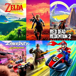 A vividly colorful collage featuring five of the most exciting video games