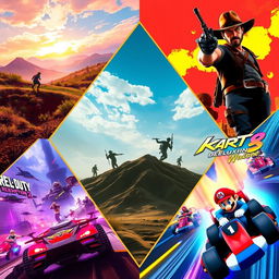 A vividly colorful collage featuring five of the most exciting video games