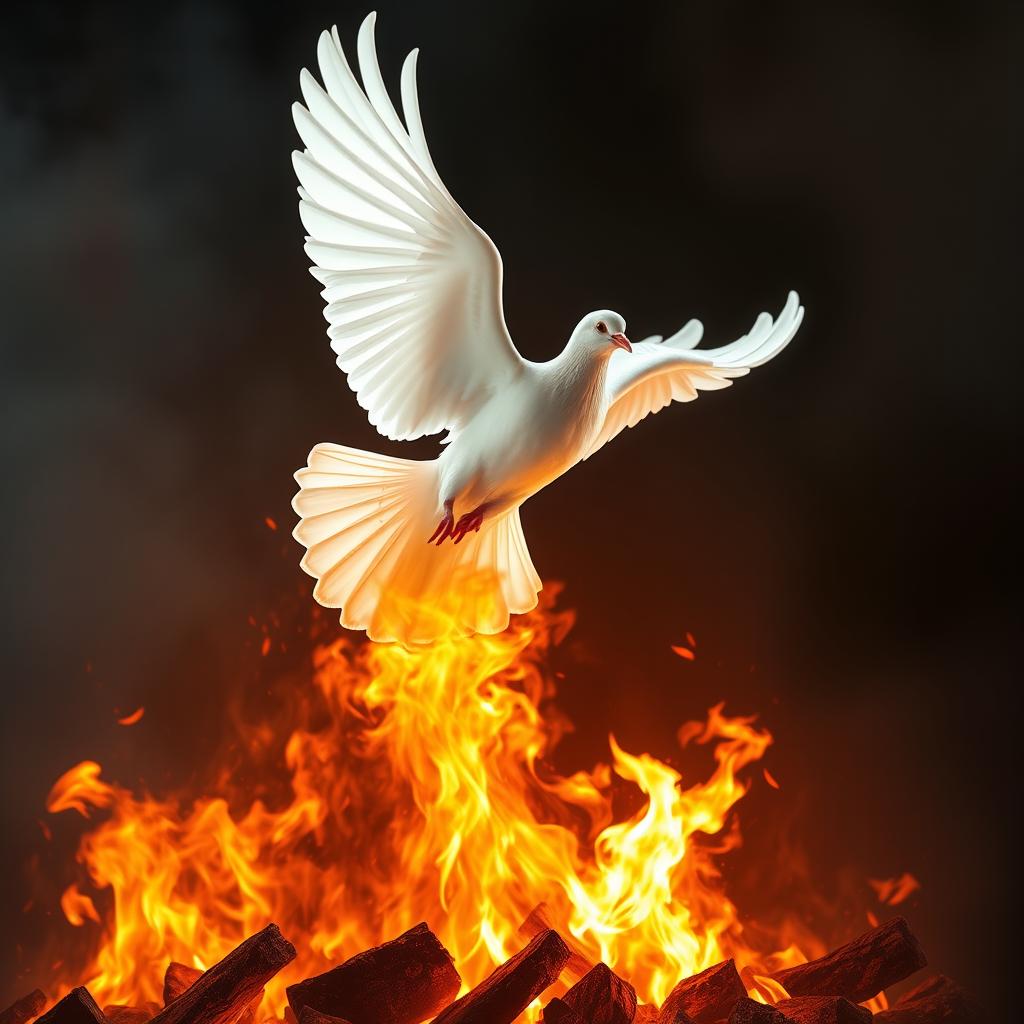 A majestic white dove with extended wings soaring gracefully above a vibrant, roaring fire