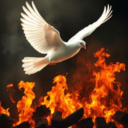 A majestic white dove with extended wings soaring gracefully above a vibrant, roaring fire