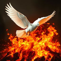 A majestic white dove with extended wings soaring gracefully above a vibrant, roaring fire