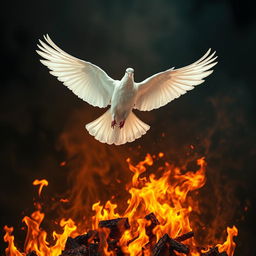 A majestic white dove with extended wings soaring gracefully above a vibrant, roaring fire