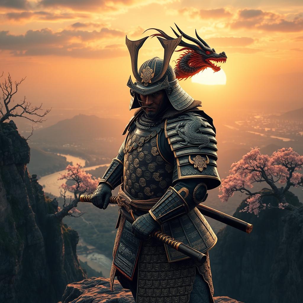 A fierce samurai clad in intricate dragon-themed armor, standing on a majestic cliff overlooking a vast landscape