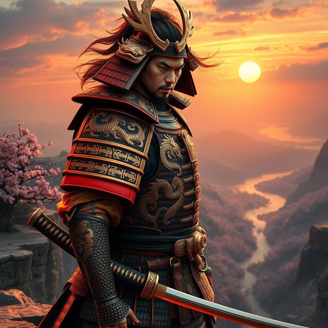 A fierce samurai clad in intricate dragon-themed armor, standing on a majestic cliff overlooking a vast landscape