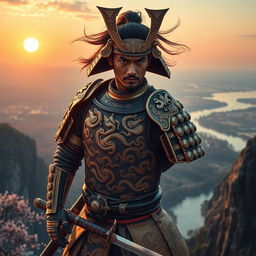 A fierce samurai clad in intricate dragon-themed armor, standing on a majestic cliff overlooking a vast landscape