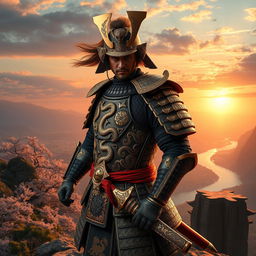 A fierce samurai clad in intricate dragon-themed armor, standing on a majestic cliff overlooking a vast landscape