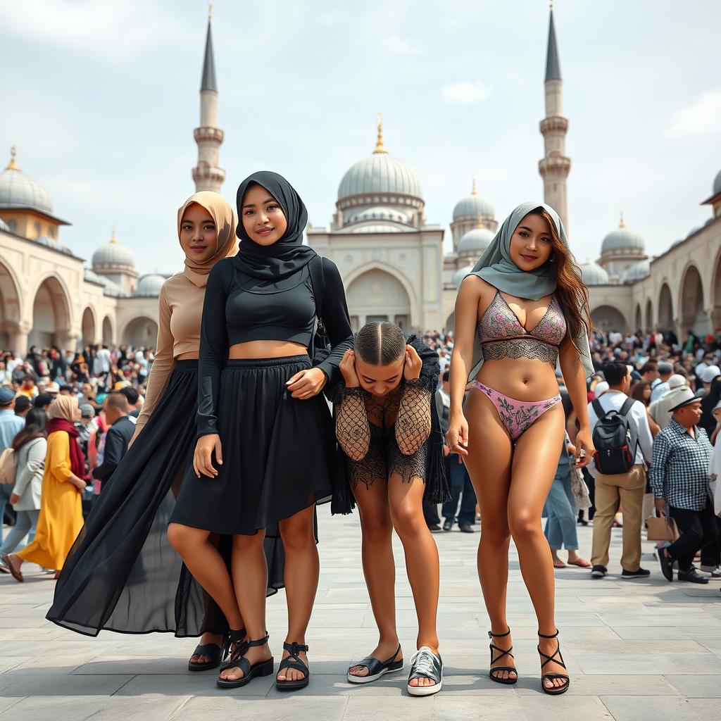 A diverse group featuring a Muslim girl couple and a European girl, all embracing a hipster style in a variety of fashion-forward outfits