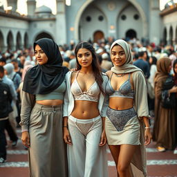 A diverse group featuring a Muslim girl couple and a European girl, all embracing a hipster style in a variety of fashion-forward outfits