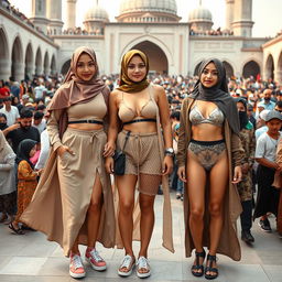 A diverse group featuring a Muslim girl couple and a European girl, all embracing a hipster style in a variety of fashion-forward outfits