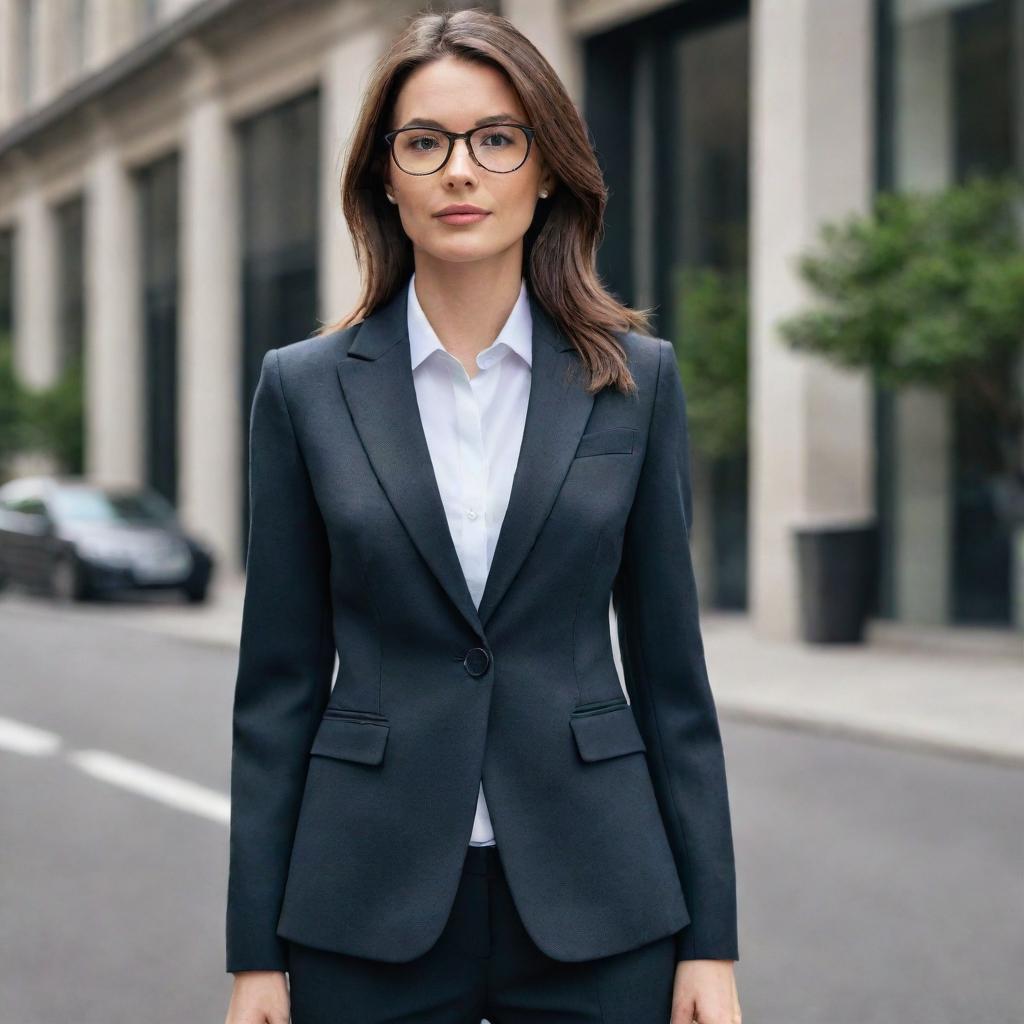 A professional woman dressed in a well-tailored, sophisticated accountant suit capturing the essence of credibility and precision.