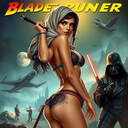 A hot bikini Islamic Muslim girl with mix hairstyle, portrayed with a fusion of iconic movie scenes from Blade Runner, Indiana Jones, Star Wars, Marvel Comics, The Lord of the Rings, and Harry Potter