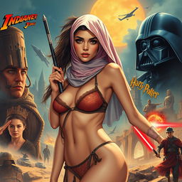 A hot bikini Islamic Muslim girl with mix hairstyle, portrayed with a fusion of iconic movie scenes from Blade Runner, Indiana Jones, Star Wars, Marvel Comics, The Lord of the Rings, and Harry Potter