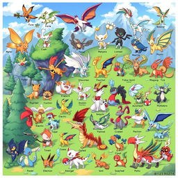 An imaginative Pokédex featuring a diverse collection of 115 unique Pokémon, including their distinct evolutionary stages