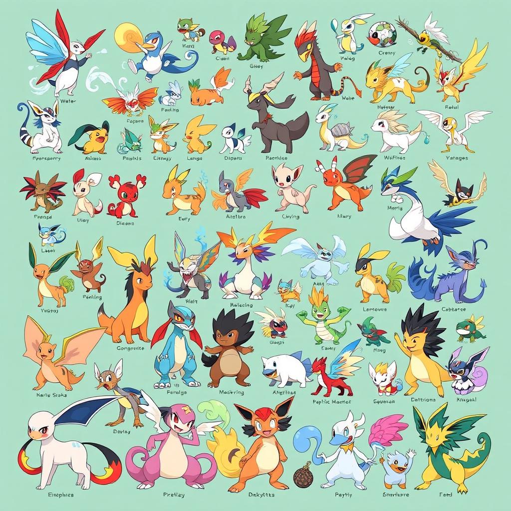 An imaginative Pokédex featuring a diverse collection of 115 unique Pokémon, including their distinct evolutionary stages