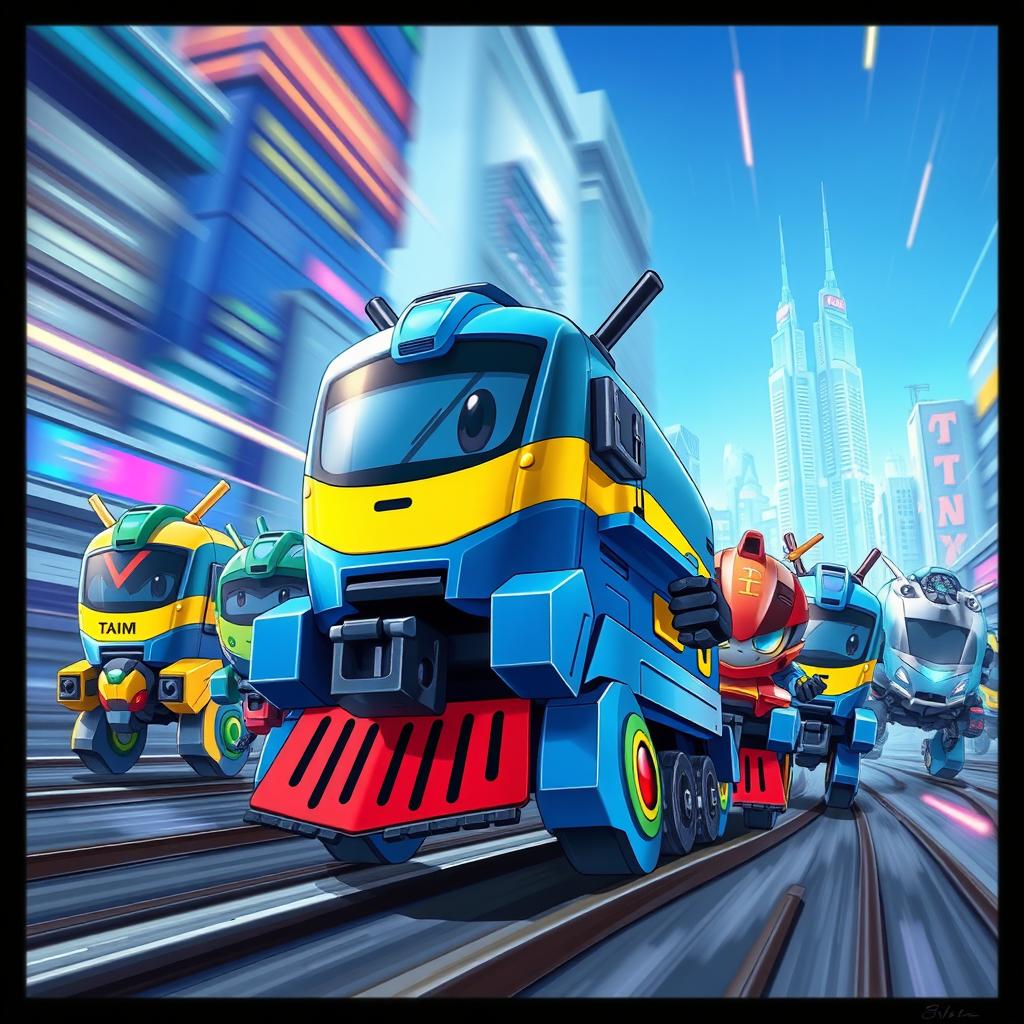 A detailed illustration of a scene from a South Korean animated series called Robot Trains, featuring anthropomorphic train characters with robotic designs