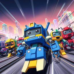 A detailed illustration of a scene from a South Korean animated series called Robot Trains, featuring anthropomorphic train characters with robotic designs