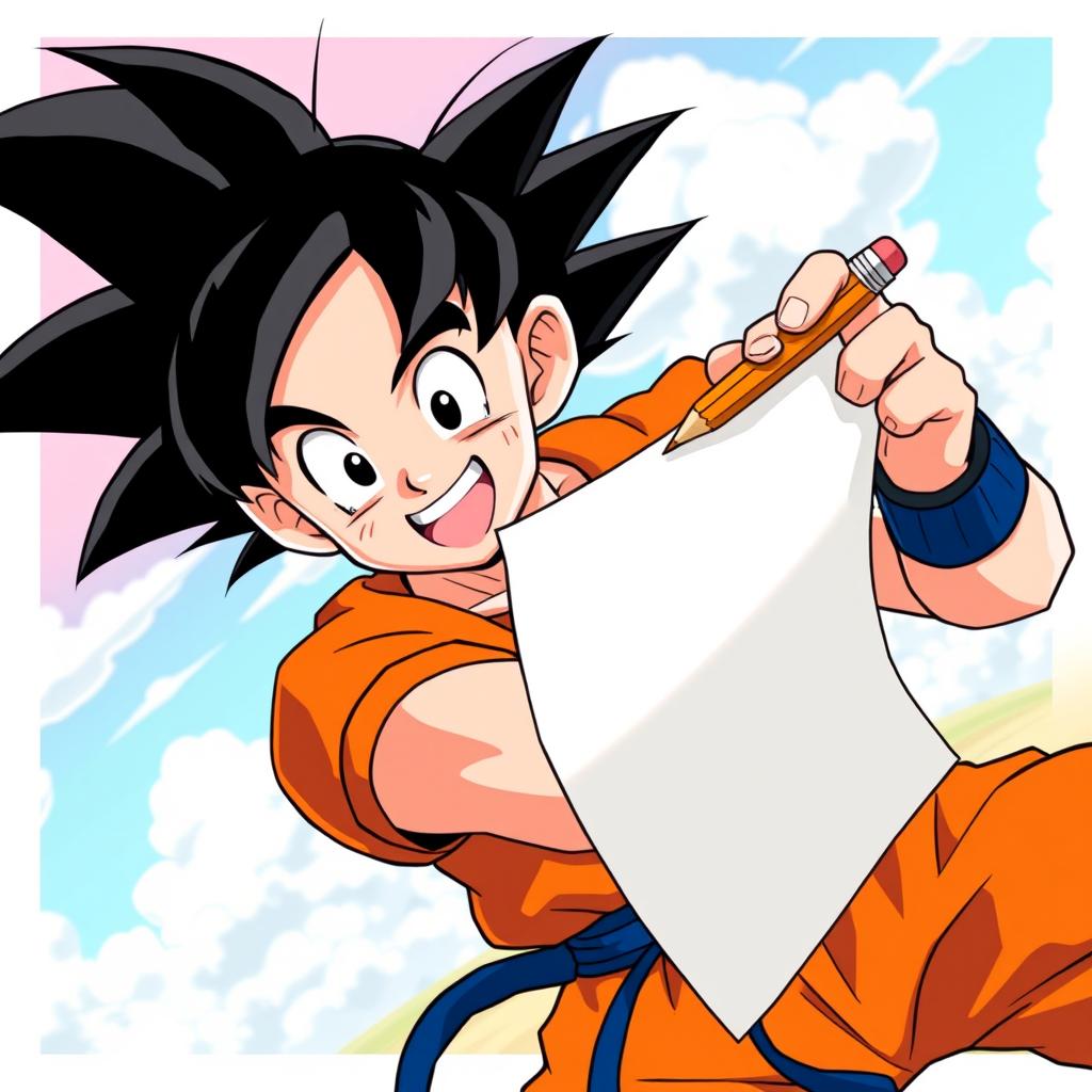 An animated Goku holding a paper and pencil in a dynamic pose, looking enthusiastic and ready to write