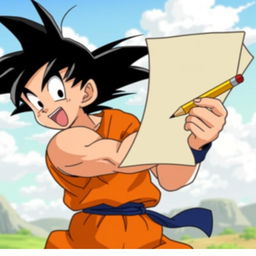 An animated Goku holding a paper and pencil in a dynamic pose, looking enthusiastic and ready to write