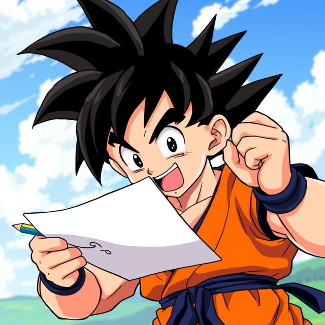 An animated Goku holding a paper and pencil in a dynamic pose, looking enthusiastic and ready to write