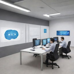 Illustrate a hybrid workspace showcasing seamless integration between digital and physical elements. Include humans interfacing with advanced technology like artificial intelligence.