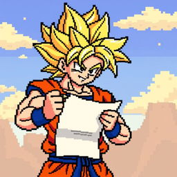 Goku in Super Saiyan form, designed in an 8-bit animated style, holding a paper and pencil as if ready to write