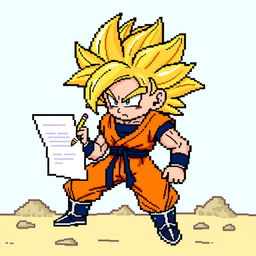 Goku in Super Saiyan form, designed in an 8-bit animated style, holding a paper and pencil as if ready to write