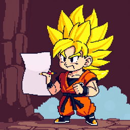 Goku in Super Saiyan form, designed in an 8-bit animated style, holding a paper and pencil as if ready to write