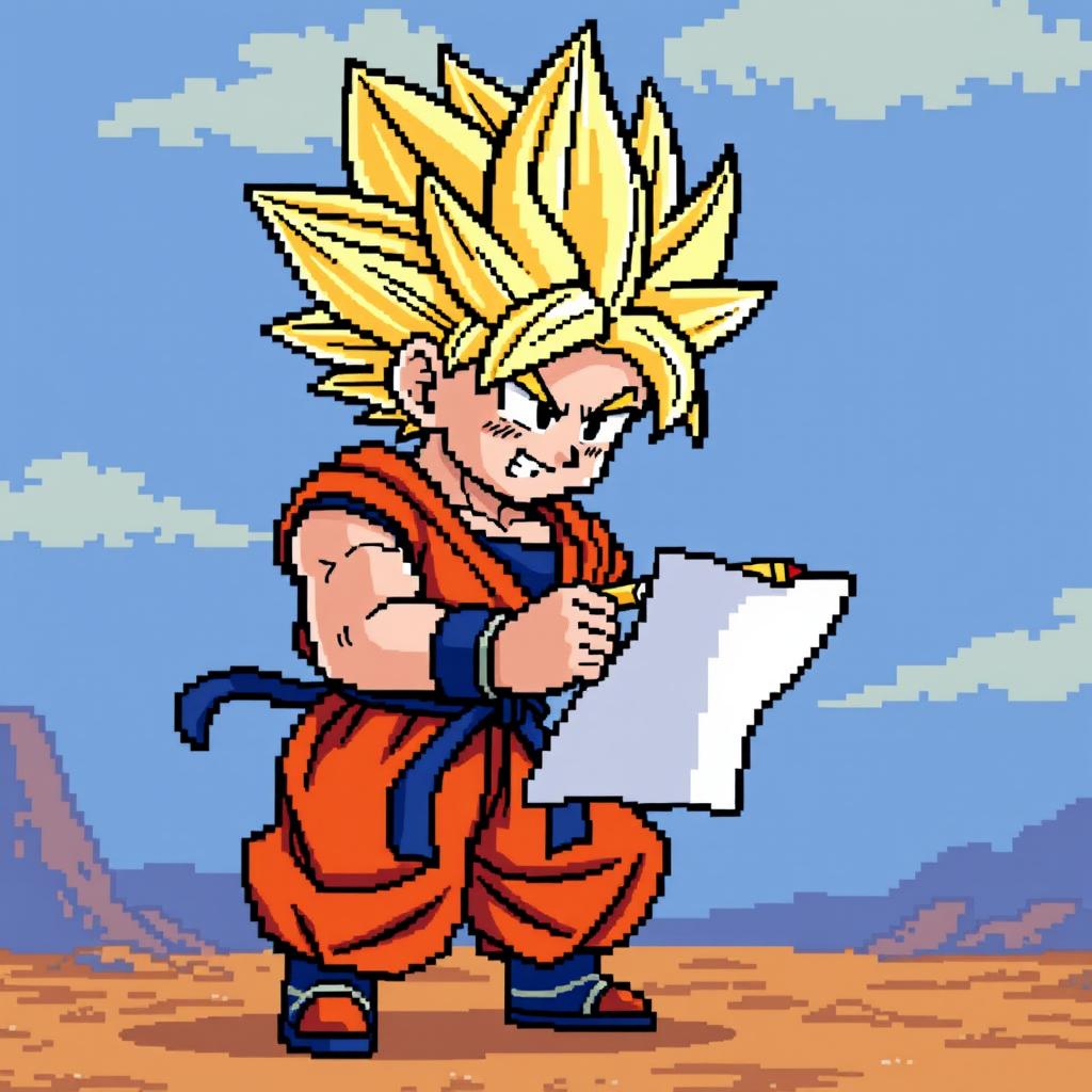 Goku in Super Saiyan form, designed in an 8-bit animated style, holding a paper and pencil as if ready to write