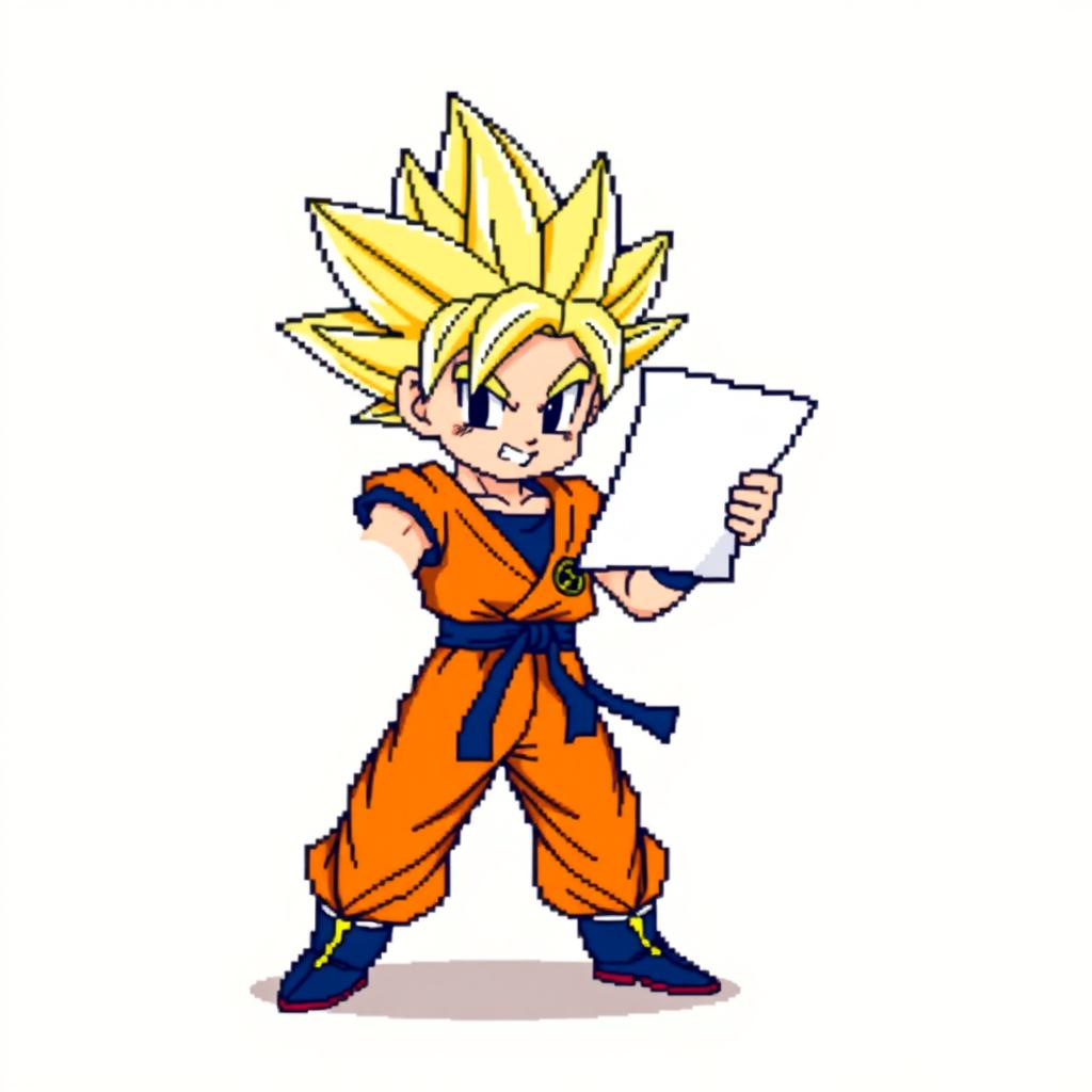 Super Saiyan Goku in 8-bit style, holding a paper in one hand and a pencil in the other, ready to write