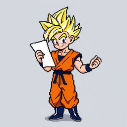 Super Saiyan Goku in 8-bit style, holding a paper in one hand and a pencil in the other, ready to write