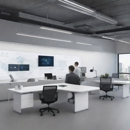 Illustrate a hybrid workspace showcasing seamless integration between digital and physical elements. Include humans interfacing with advanced technology like artificial intelligence.