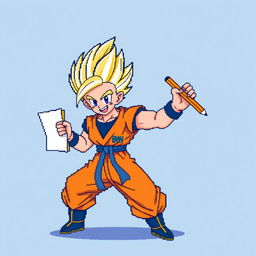 Super Saiyan Goku in 8-bit style, holding a paper in one hand and a pencil in the other, ready to write