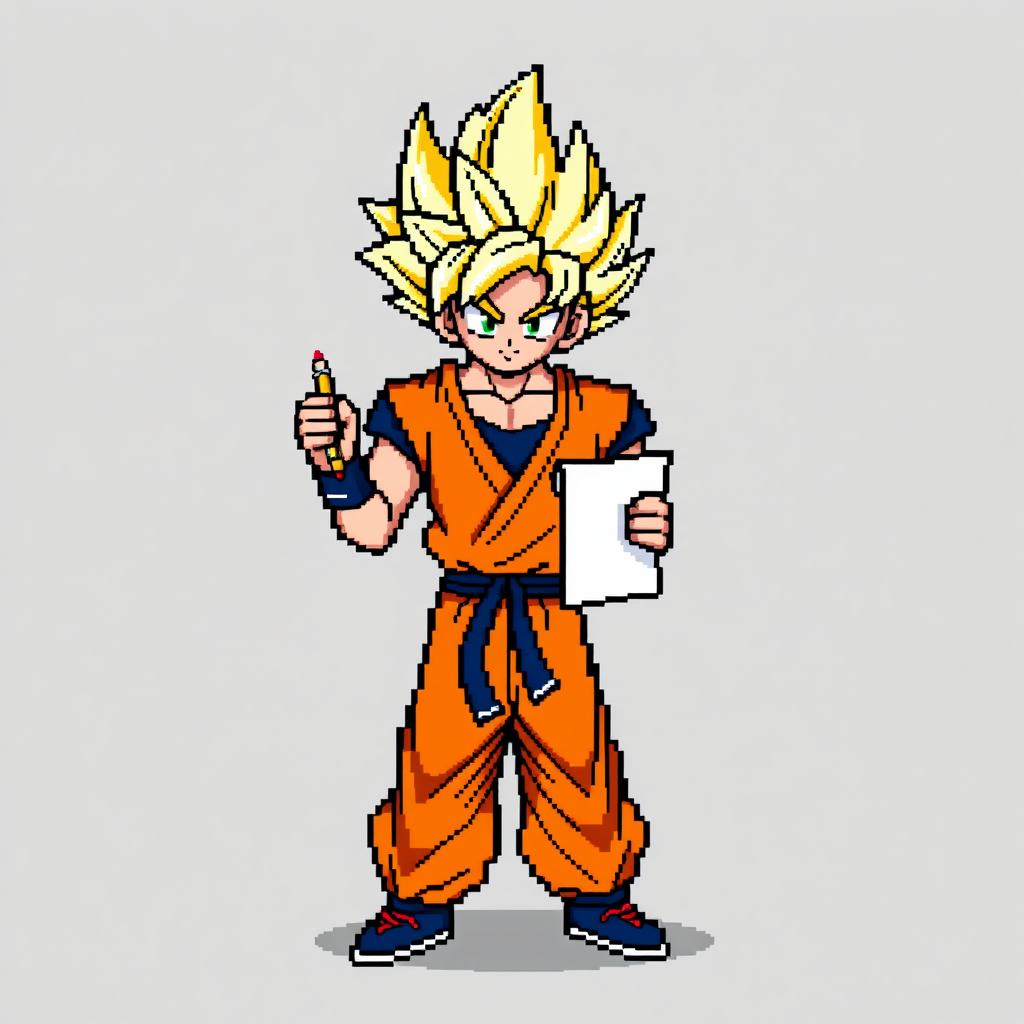 Super Saiyan Goku in 8-bit style, holding a paper in one hand and a pencil in the other, ready to write