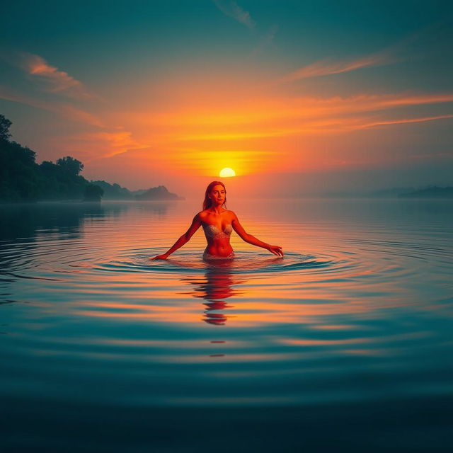 An ethereal scene featuring an orange-skinned woman wading gracefully through a tranquil lake at dusk