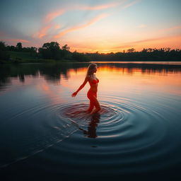 An ethereal scene featuring an orange-skinned woman wading gracefully through a tranquil lake at dusk