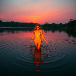 An ethereal scene featuring an orange-skinned woman wading gracefully through a tranquil lake at dusk