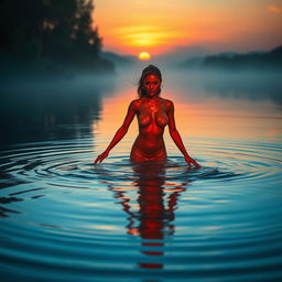 An ethereal scene featuring an orange-skinned woman wading gracefully through a tranquil lake at dusk